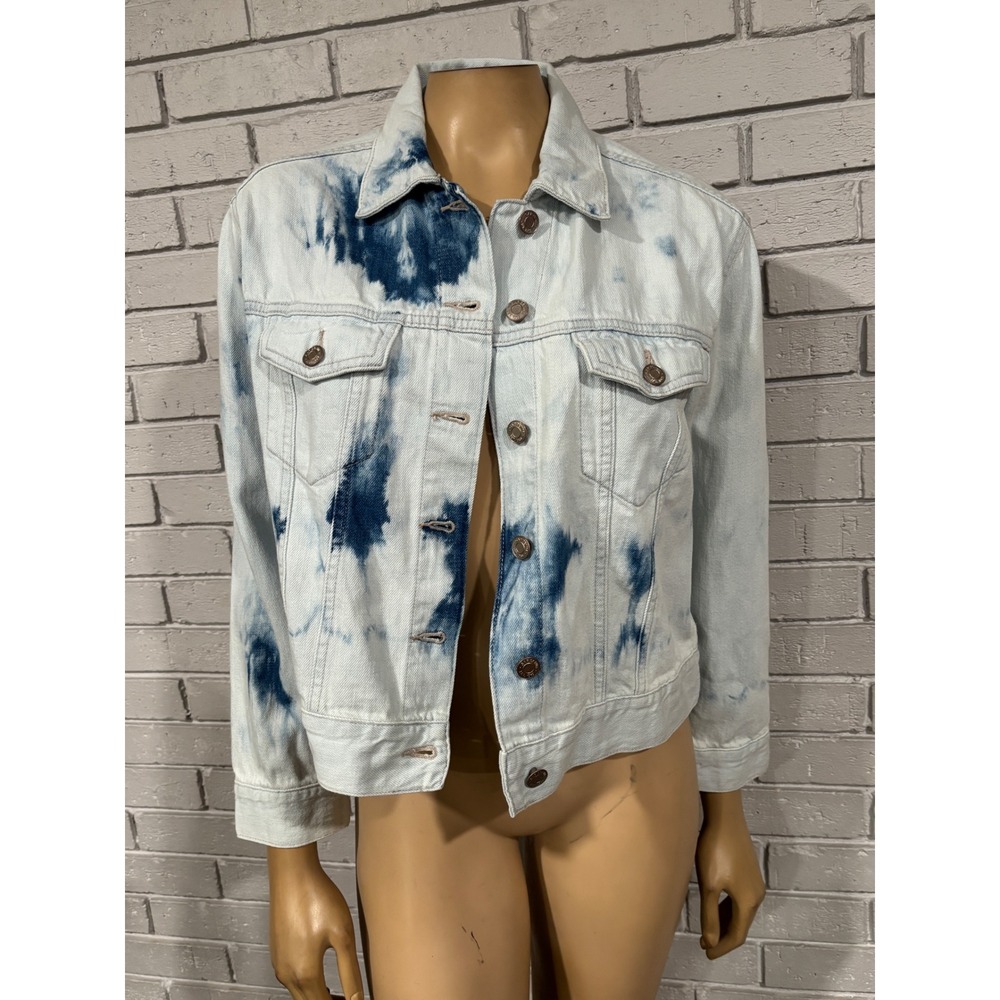 GAP Denim Womens Small Tie Dye Trucker Jacket Light Wash Blue White Marble Print
